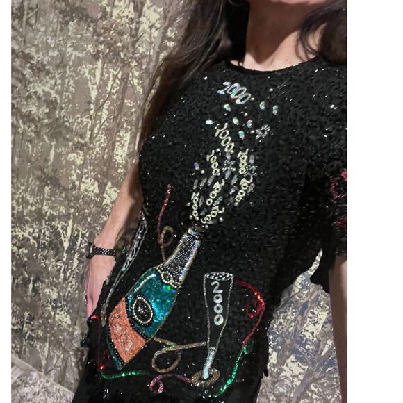 VTG Sz L Lawrence Kazar Silk Sequined New Years 2000 top shoulder pads y2k - Picture 15 of 16